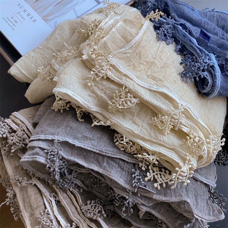 Solid color small leaf spike literary small fresh cotton and linen scarf women's fashion versatile long shawl thin neck scarf
