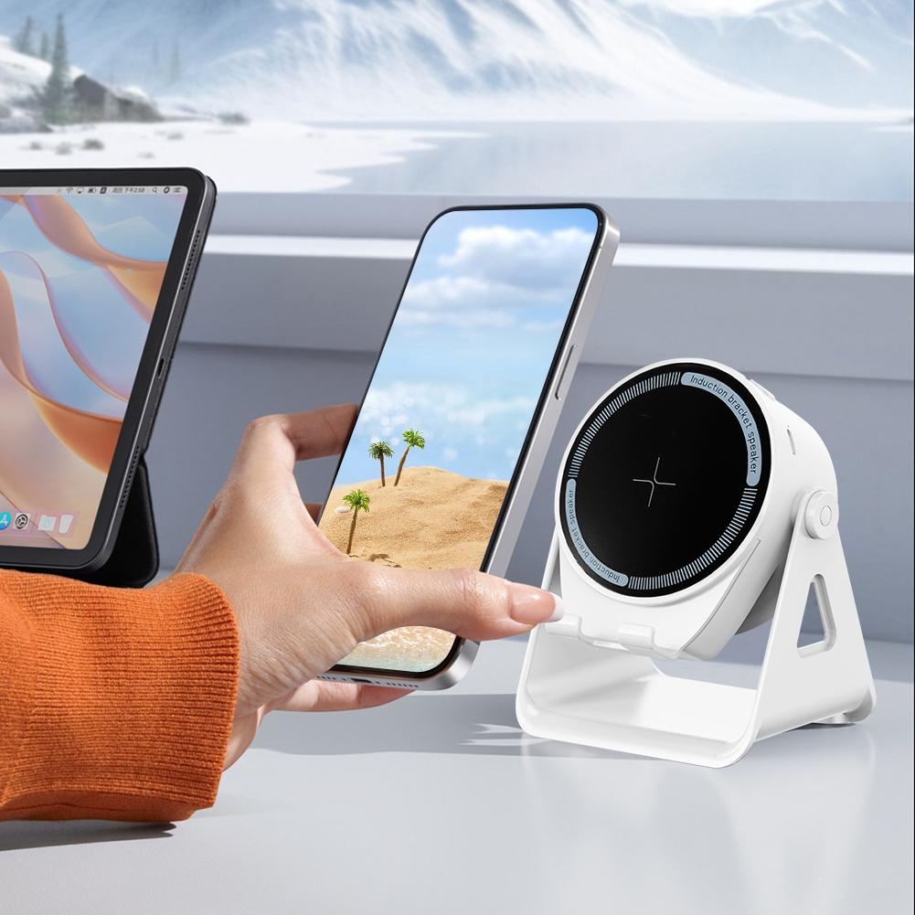 3 In 1 Induction Speaker Anti-Slip Foldable Wireless Speaker Rechargeable Tablet Stand BT Speaker for Universal Mobile Phone