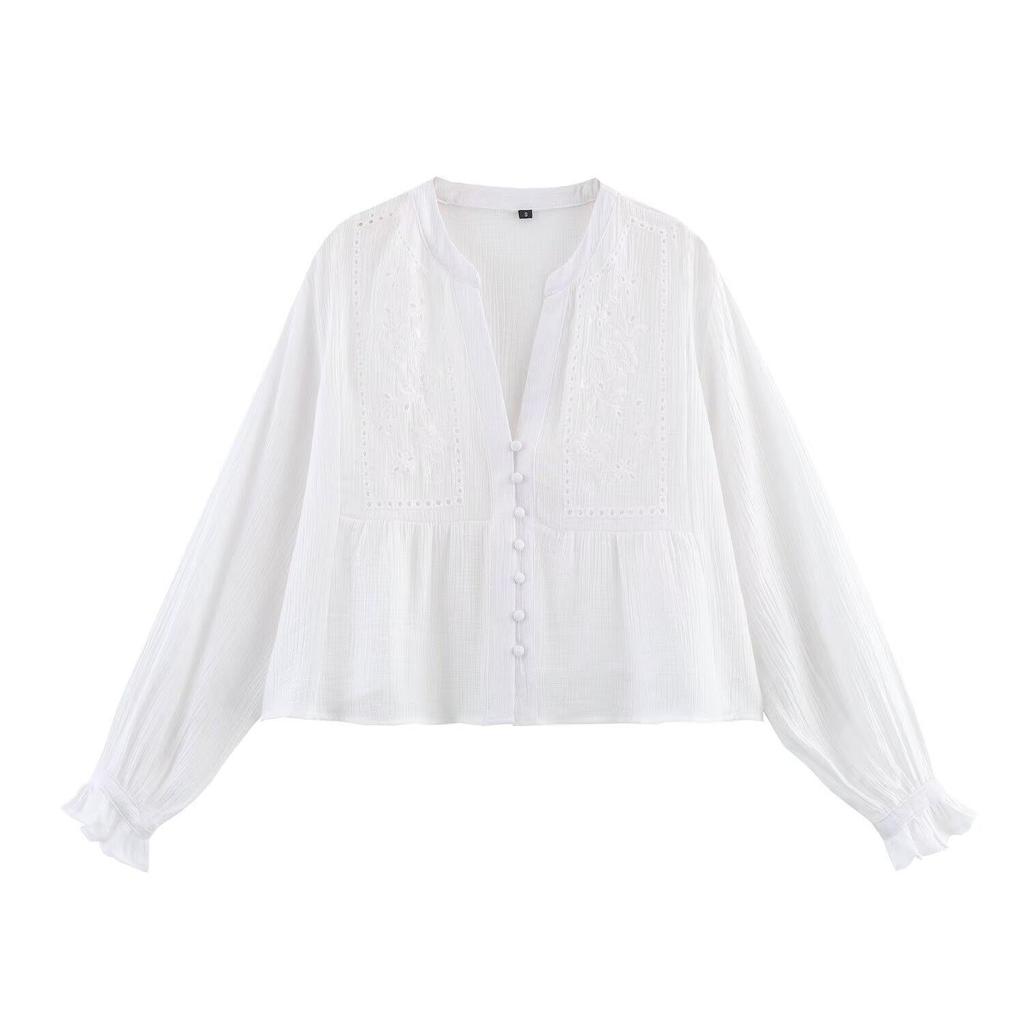 Women's European & American Style Hollow Embroidery Short Shirt - Spring 2025
