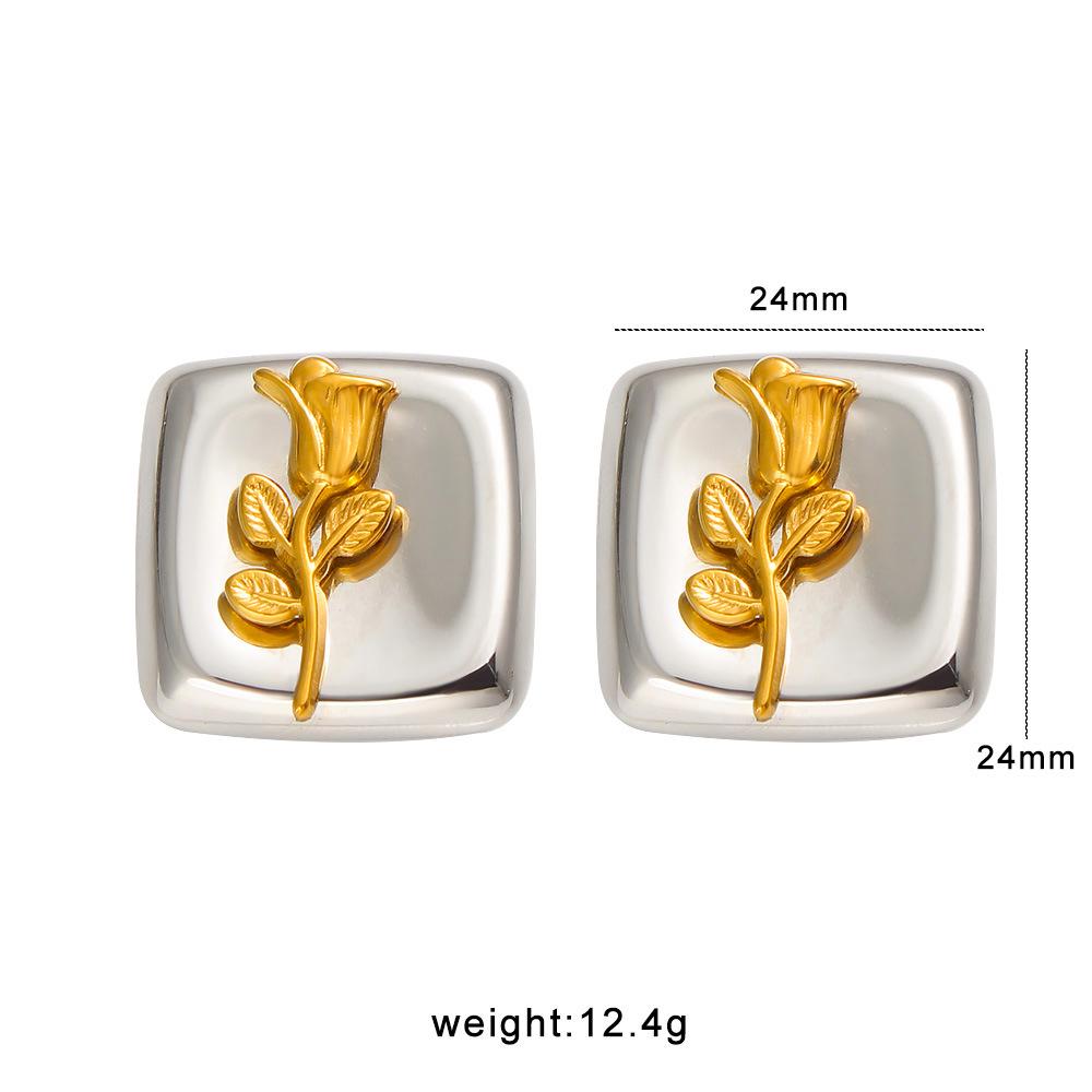MeiShi Duo 18K Gold Rose Earrings and Adjustable Stainless Steel Flower Ring Set