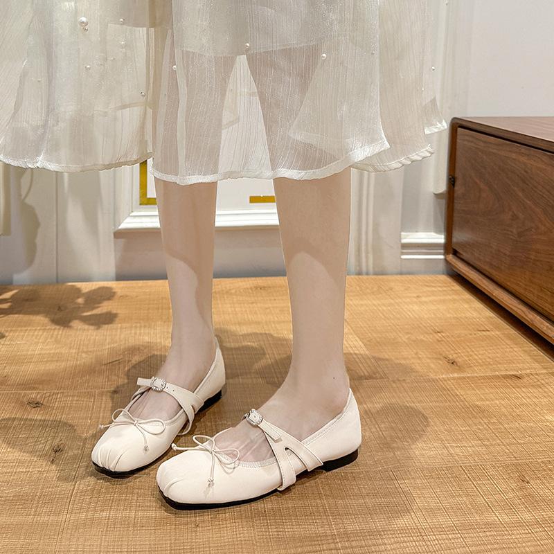 2025 New French Elegant Round Head Flat Mary Jane Shoes Summer Sweet Bow Word with Shallow Mouth Single Shoes