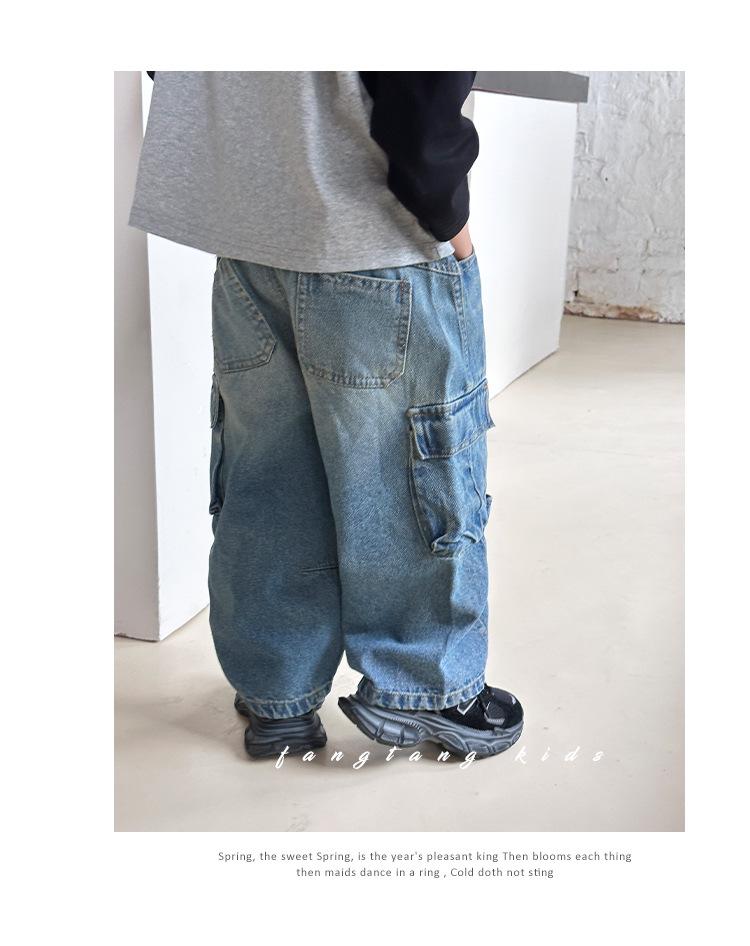 2025 Spring & Autumn Boys' Cargo Jeans: Trendy, Loose-Fit, Casual Long Pants for Kids