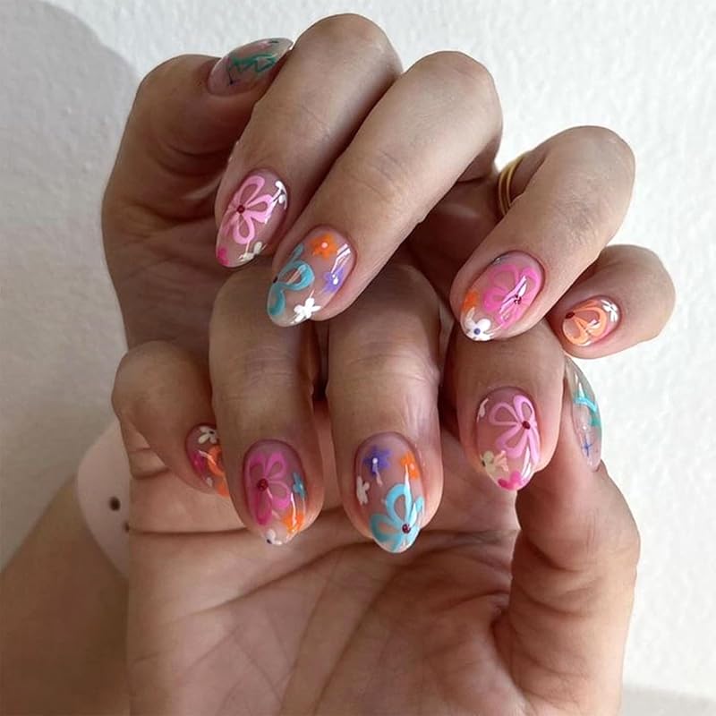 Colorful French Tip Press on Nails Glossy Nude Fake Nails Short Oval Lines Glue on Nails Reusable Acrylic Stick on Nails for Women