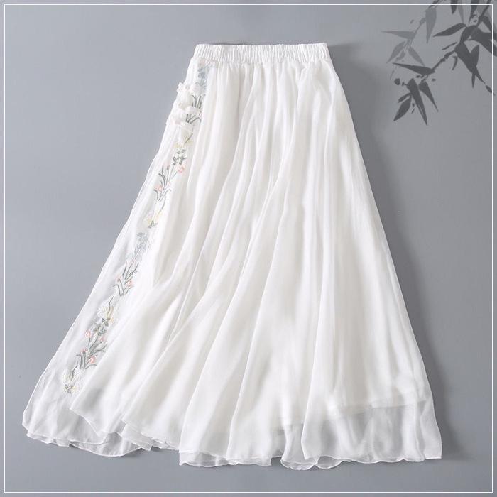 2024 Summer Women's Fairy Hanfu Dress with Embroidery and Frog Buttons - Retro Chiffon Midi Skirt.