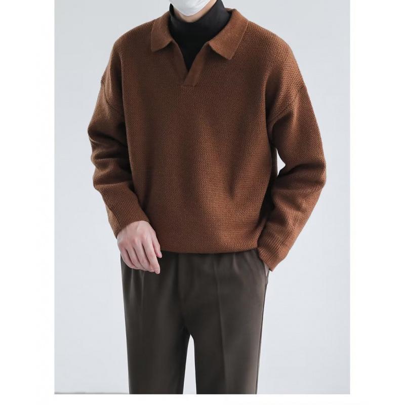 Men's Retro Heavyweight Knit Pullover Polo Sweater for Autumn/Winter