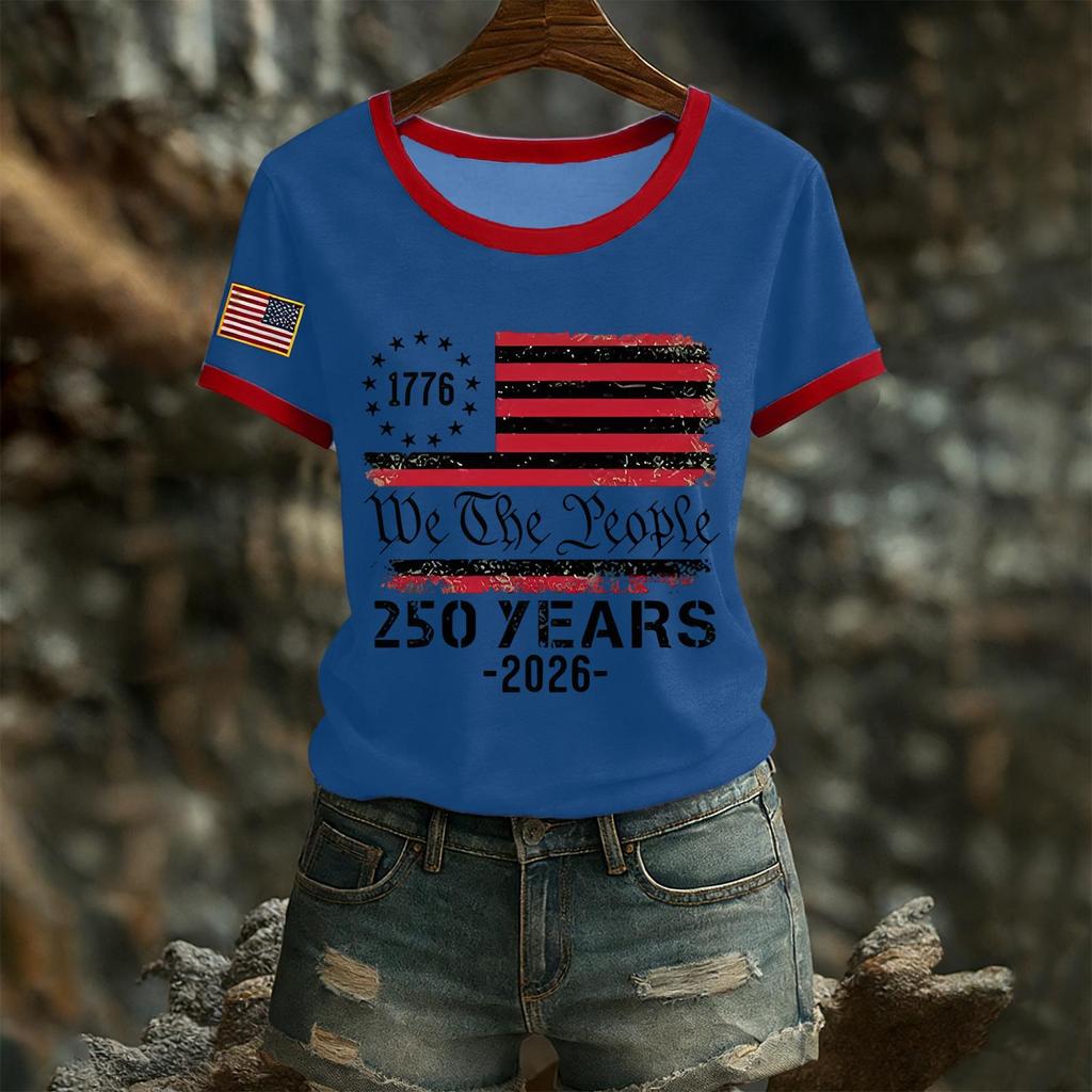 Damski casualowy top T-shirt z krótkim rękawem i okrągłym dekoltem z nadrukiem