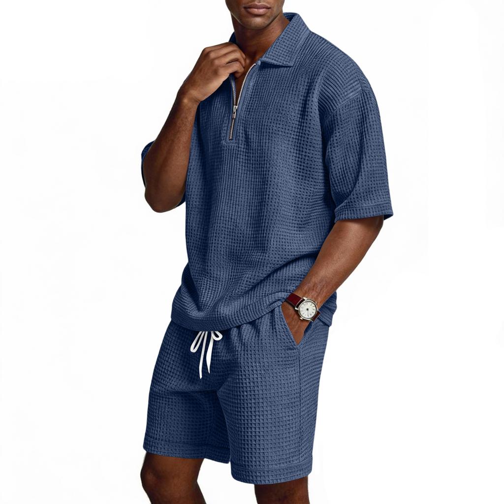 Men's Summer -color Quarter-zip Casual Loose Short-sleeved Short Pants Set