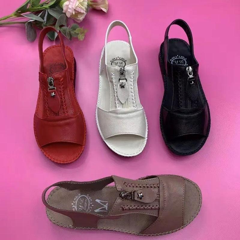 WTEMPO Soft Leather Sandals Women's Soft Sole Versatile Casual Zipper Solid Color Comfortable Flat Heel Fish Mouth Single Shoes Dropshipping Wholesale