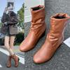 Mode Böhmen Einfarbig Braun Pu Mid-Calf Stiefeletten Damen 2025 Herbst Runde Zehenpartie Rutschfest Keilabsatz Stiefel Mode Plissiert Slip-On Stiefel