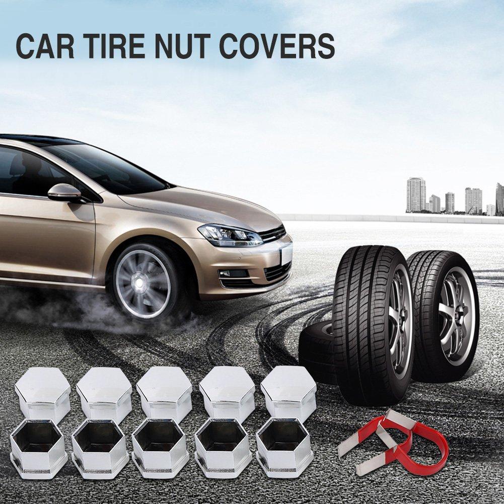 Keenso 20Pcs 17mm Wheel Lug Nut Bolt Hub Screw Silver Cover Tyre Protective Decor CenterCovers Bolt with Removal Tools