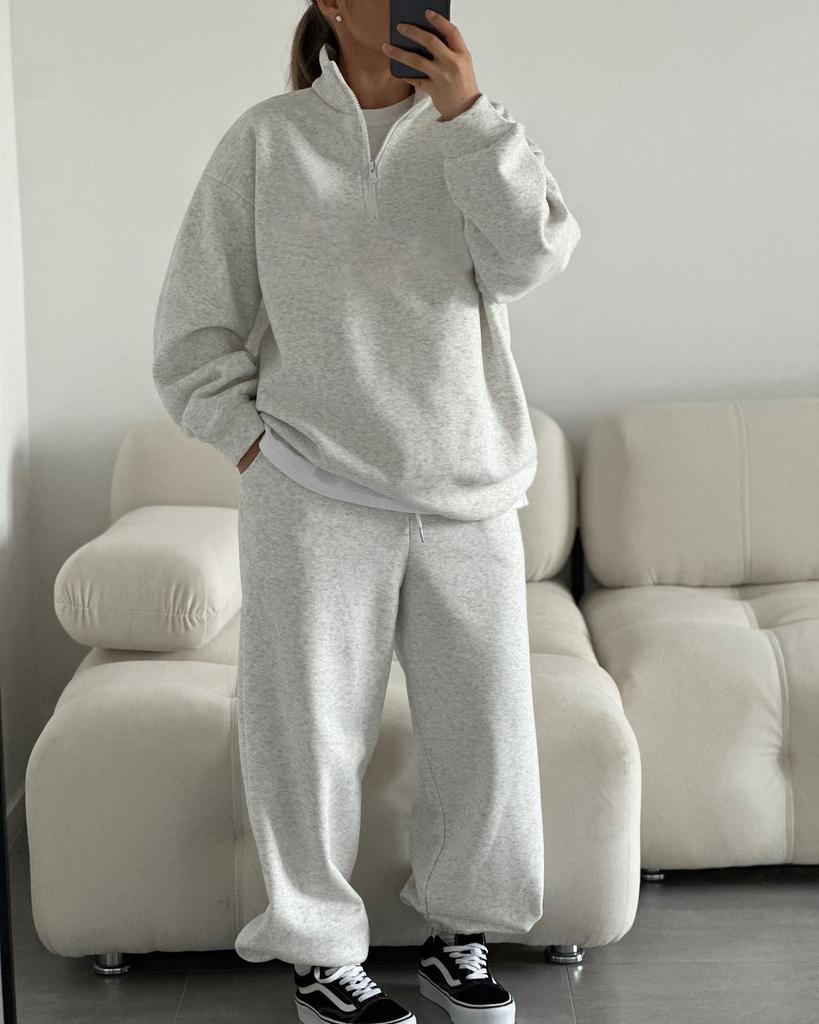 Pink Notch Collar Casual Sweatsuit Set with Loose Fit