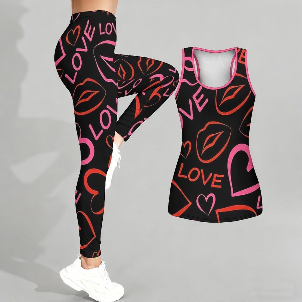 Completo Yoga Stampato con Motivo a Cuori per Donna Moda Leggings da Allenamento Fitness Sportivo Set Yoga Casual Tuta Sportiva