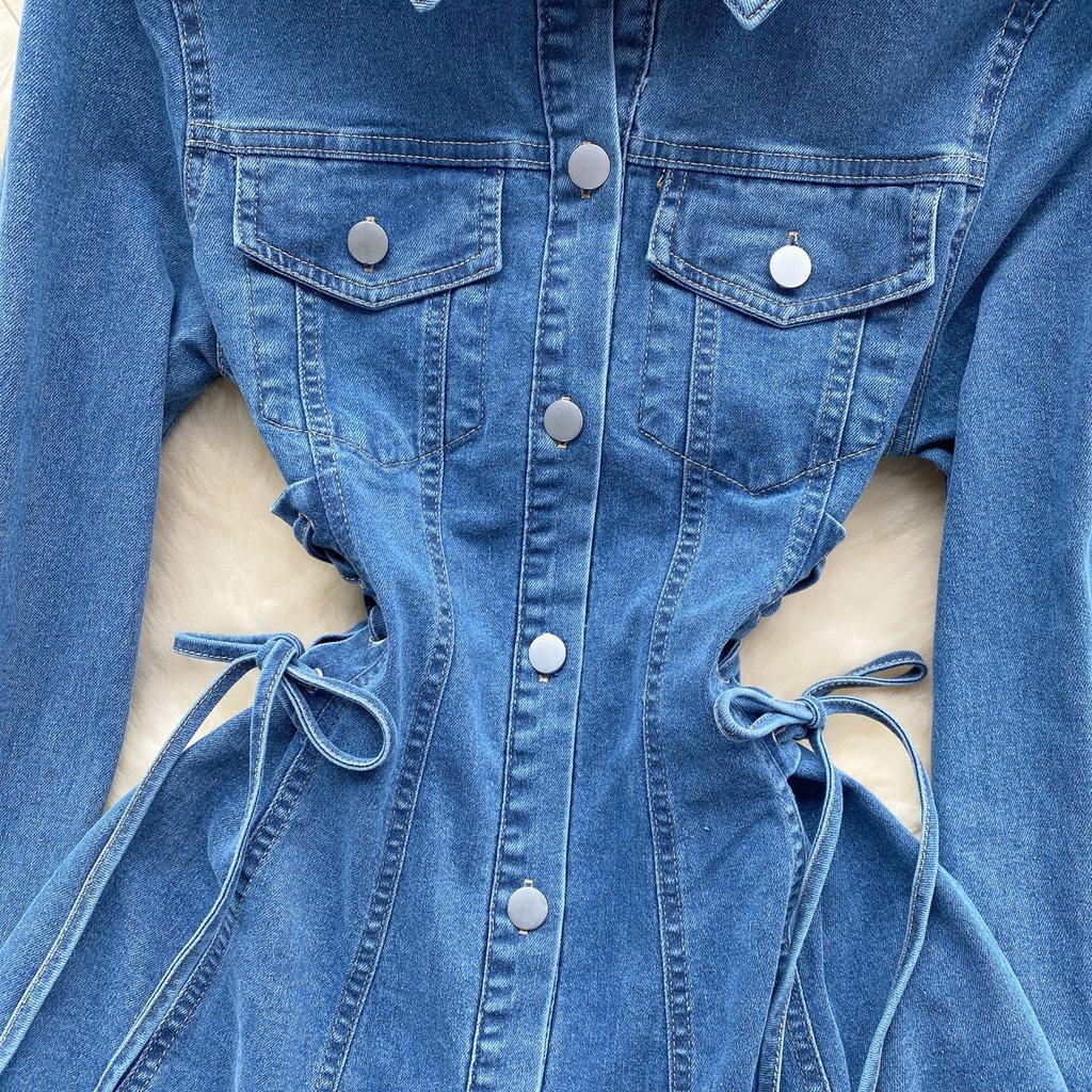 Vintage Denimrock Taillengürtel Taille Temperament Geknöpft Figurbetontes Kurzkleid