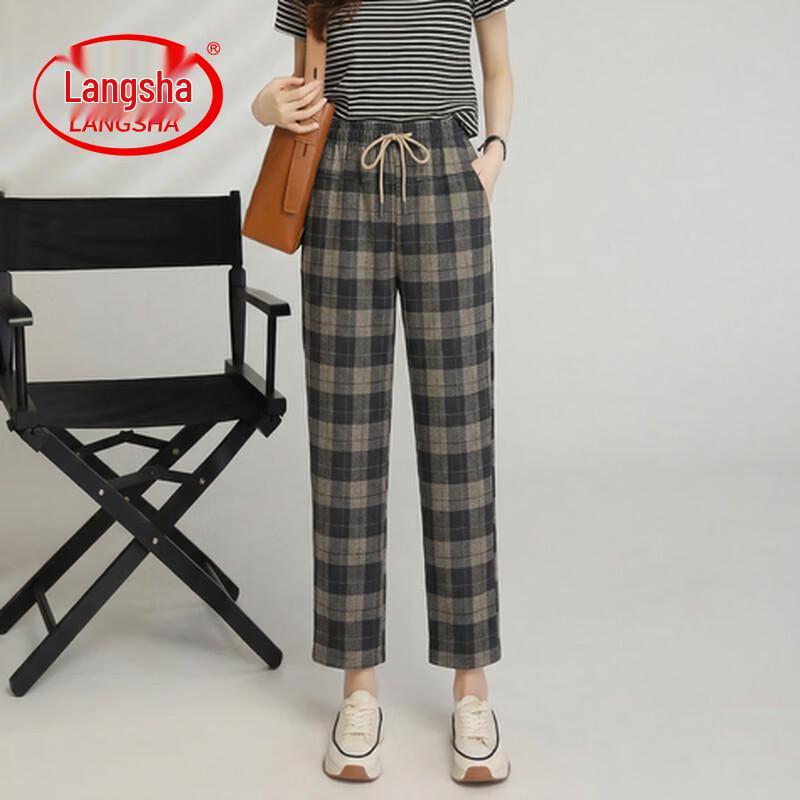LangSha Women s Plaid High-Waist Straight-Leg Pants 2XL