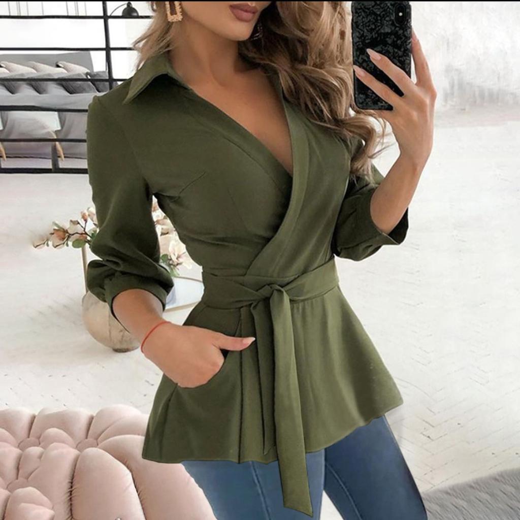 Danmo Vår Høst Elegant Dame Langermet V-hals Beltestropp Skjorte Pluss Størrelse