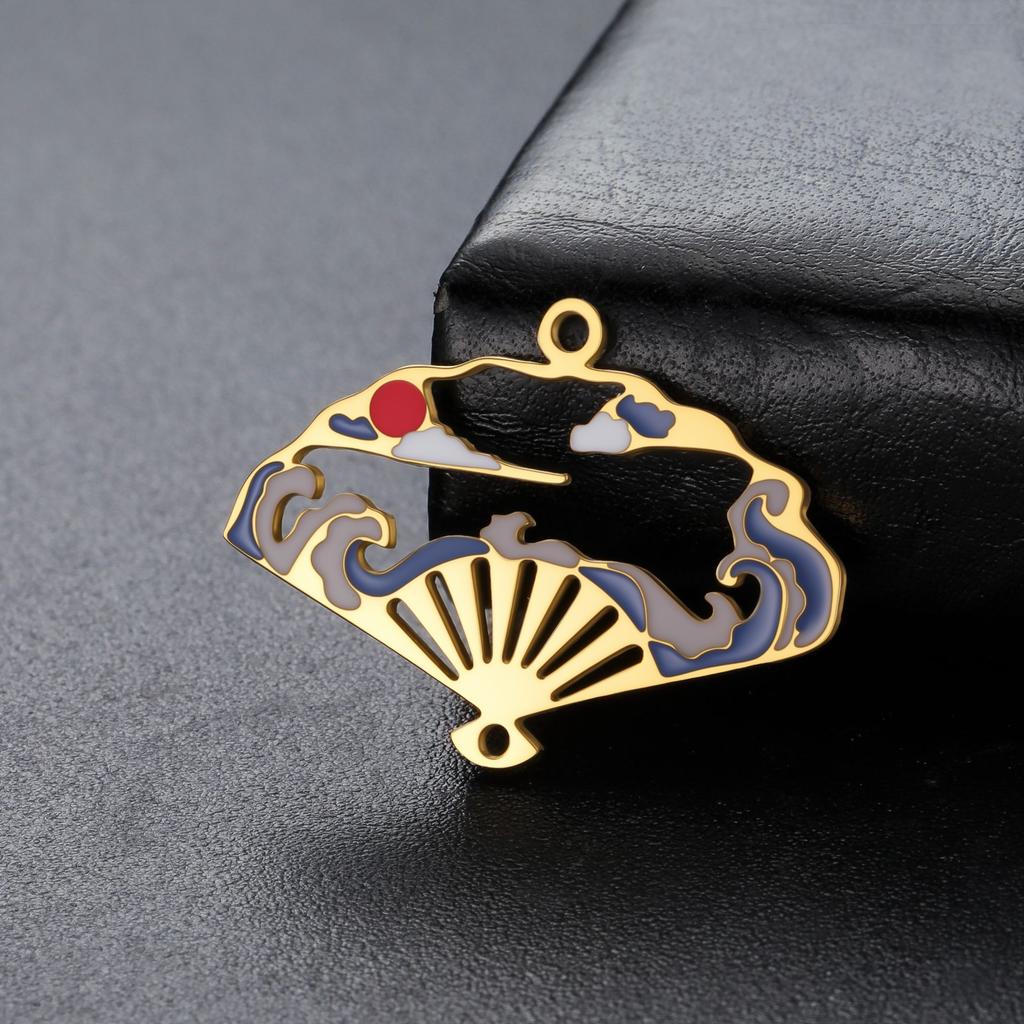 Teamer 5pcs/Lot Hollow Enamel Folding Fan Charms Stainless Steel Oriental Artistic Conception Pendant For Jewelry Making Hotsale