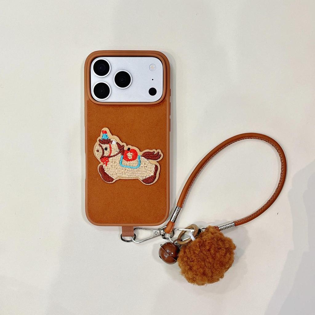 Embroidery Horse Case with Hand Strap & Fur Ball for iPhone 14/15/16/17 Pro Max & Huawei