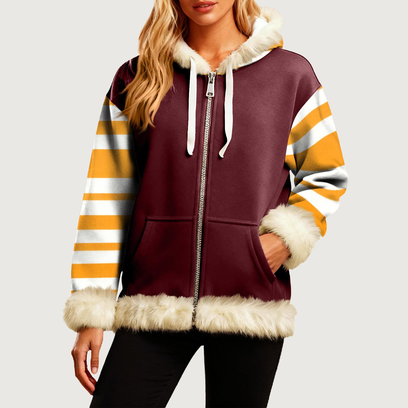 

Women s Comfortable Loose Fashion Casual Striped Print Long Sleeve Pockets Hooded Sweatshirt Jacket L кавовий