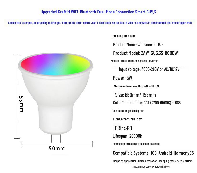 Voice-Controlled RGBCW Spotlight with Dimming & Color Temp Adjustment, Compatible with Alexa and Tuya, Smart GU5.3 WiFi Light.
