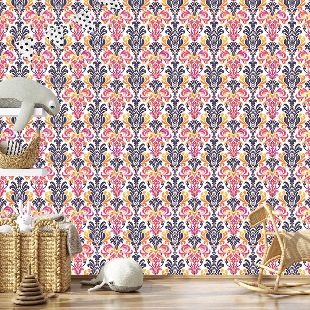 Papel de Parede Damasco Barroco em Roxo e Coral para Sala de Estar e Quarto 50x1000
