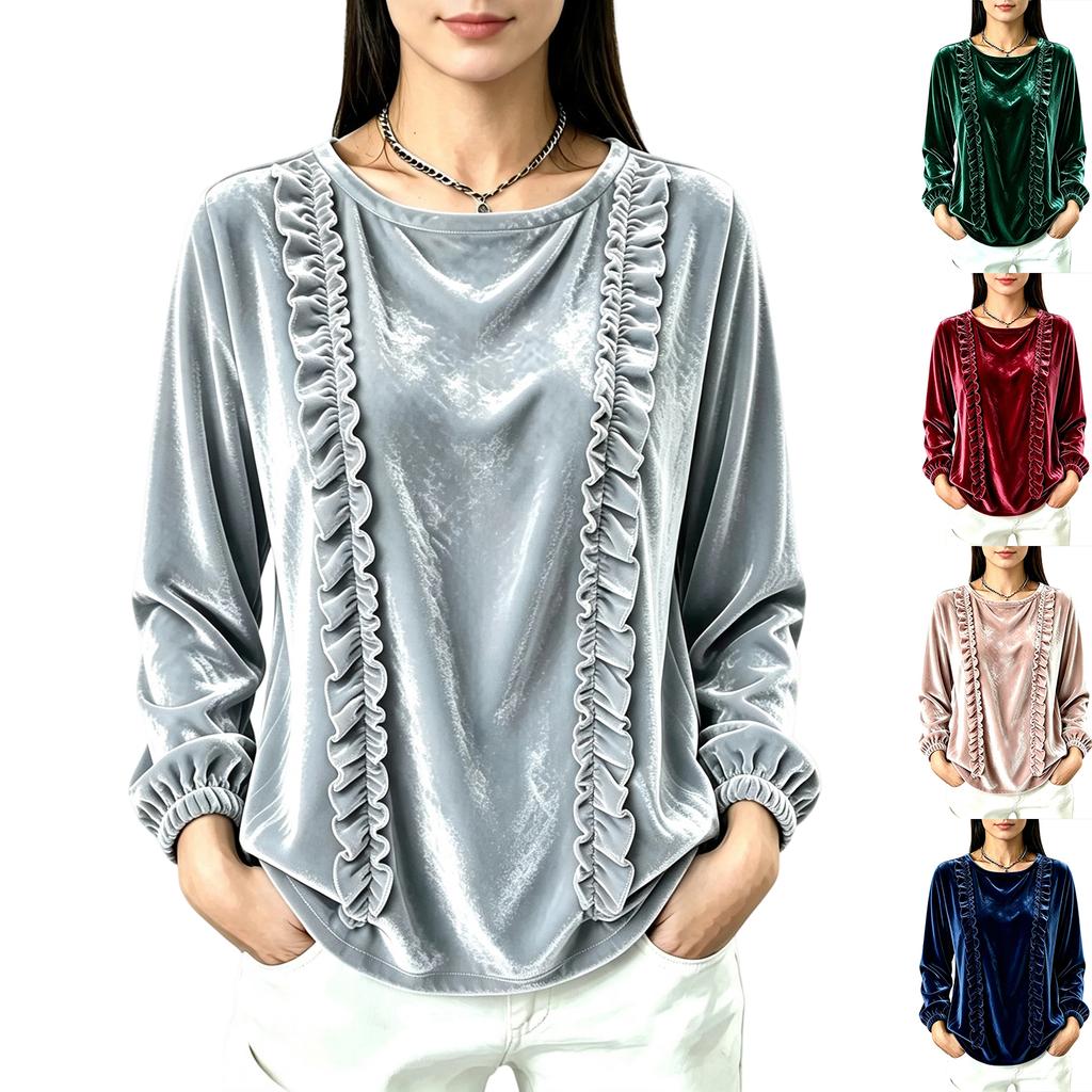 Women's Fashion Color Long Sleeve Ruffle Trim Top for Casual Everyday Wear