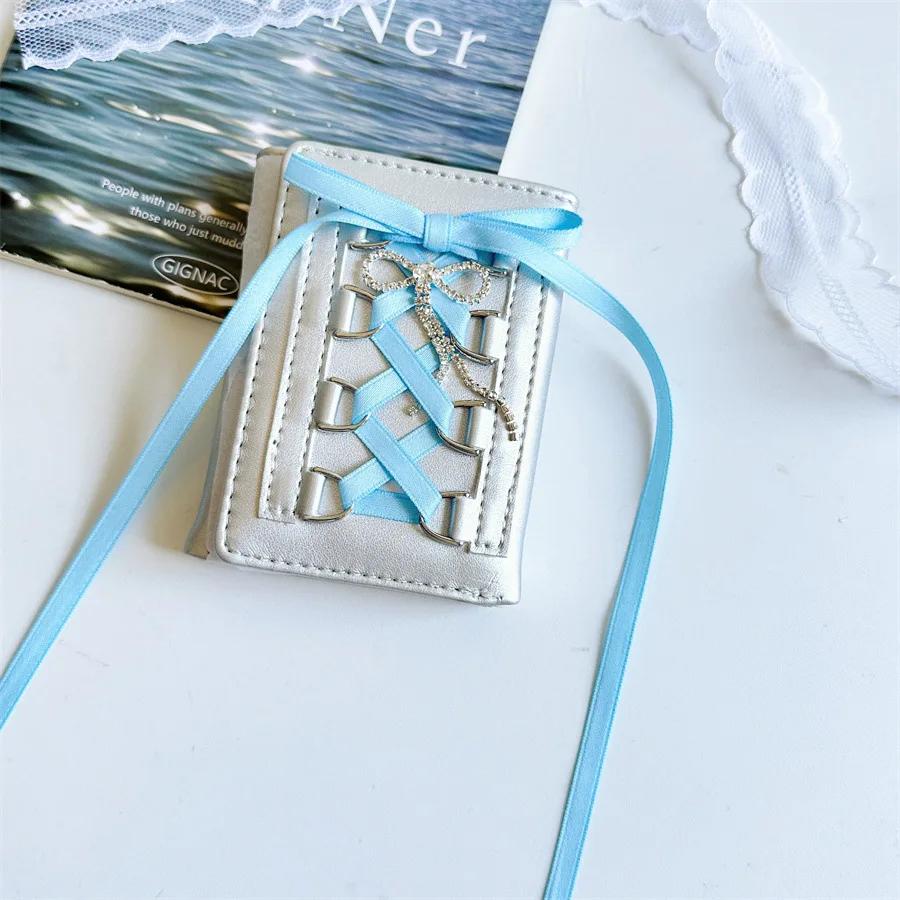 Korean INS Ballet Ribbon Bow Silver PU Card Bag Chic Girls Kpop 3-inch Photocard Holder Women's Coin Purse ID Credit Card Holder