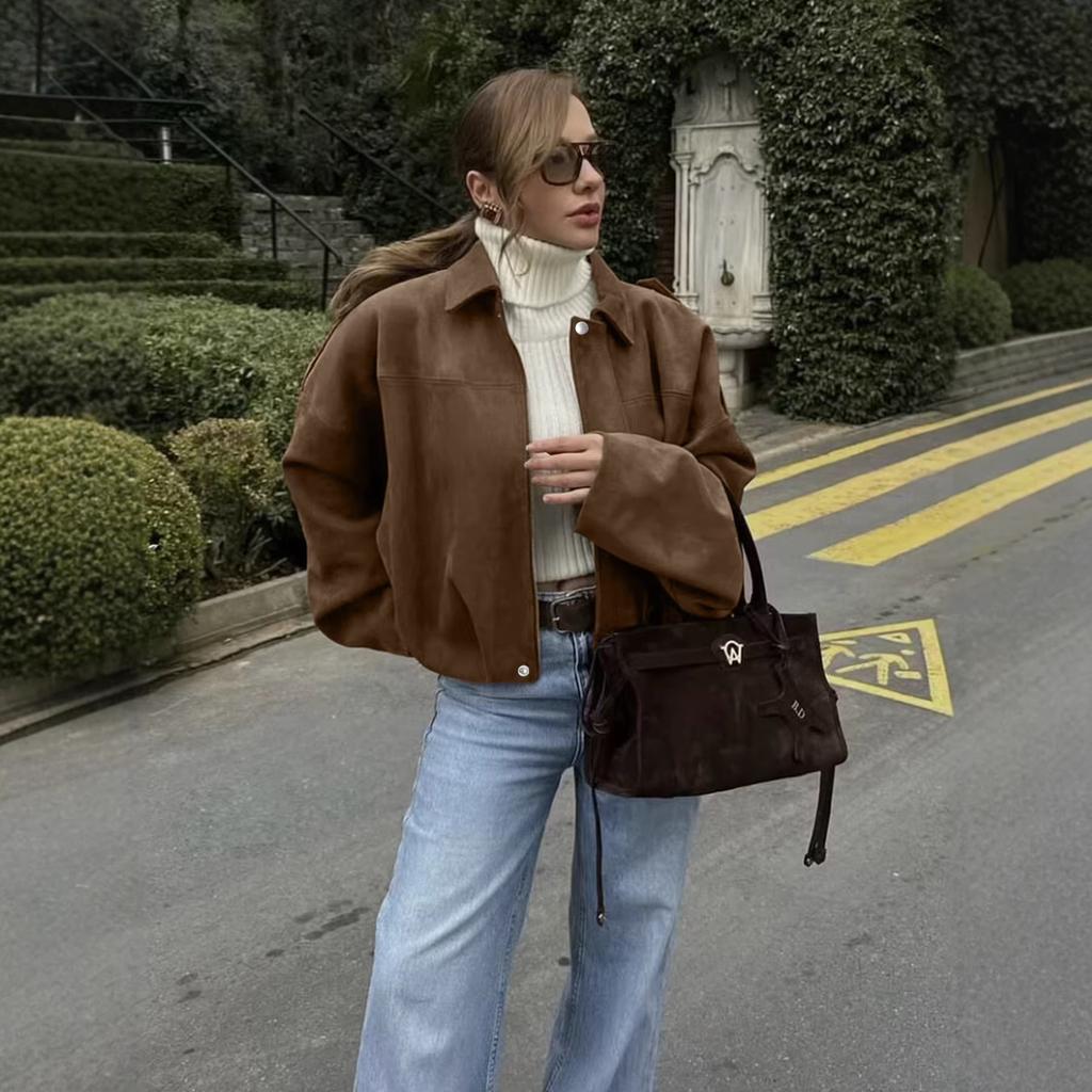 Women's Oversized Batwing Sleeve Lapel Collar Zip Up Suede Cropped Bomber Jacket Casual Outerwear Coat