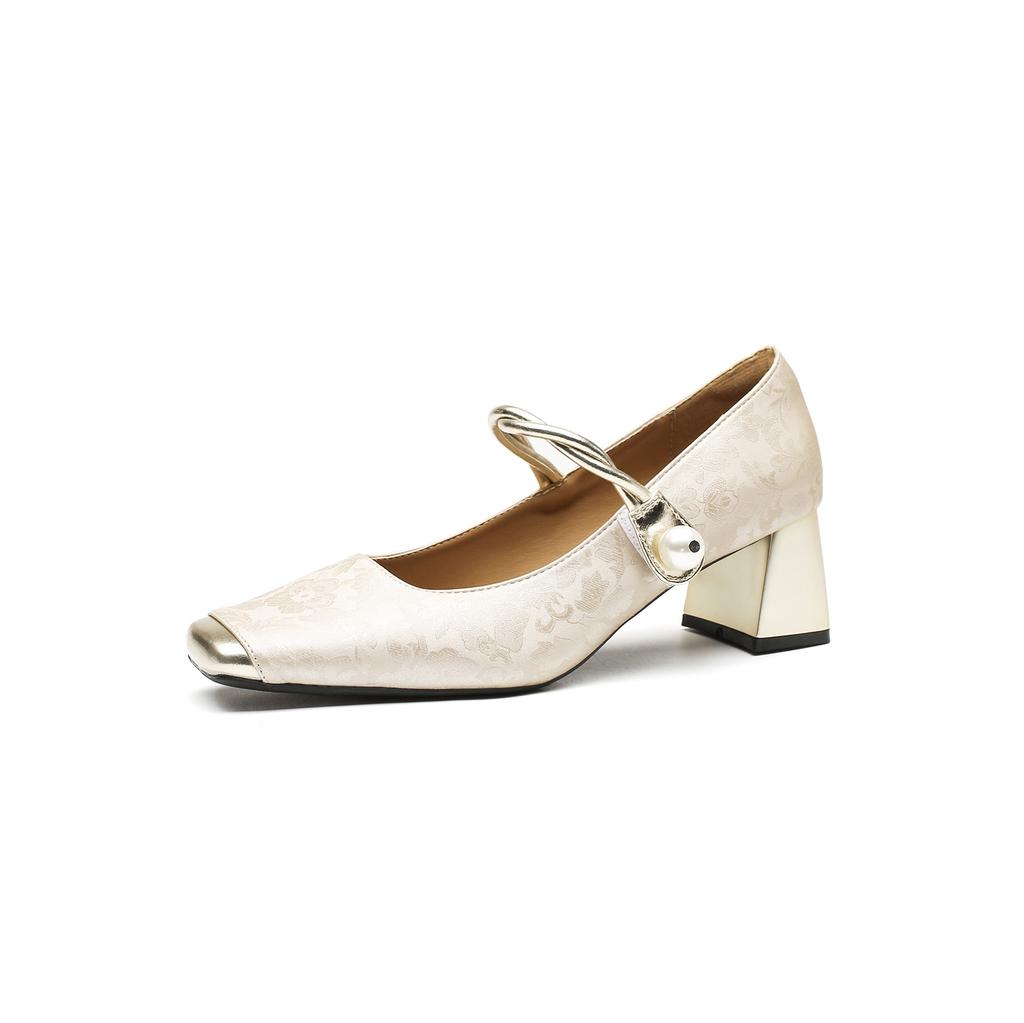 6368-13 Chinese style light luxury embossed silk medium heel single shoes women's 2025 metal square head one-word strap high heels