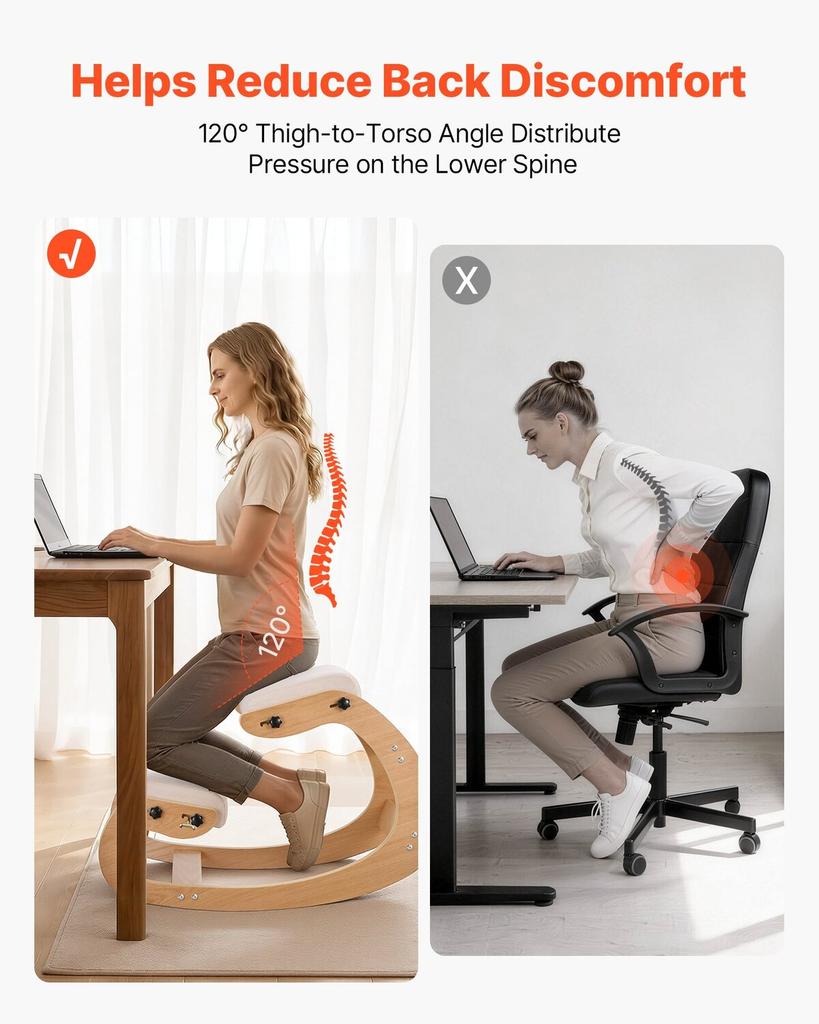 Ergonomic Kneeling Chair, Wooden Posture Knee Chair with Adjustable Thick Foam Cushions & Solid Wood Frame, Adjustable Height, Relief for Neck or Back