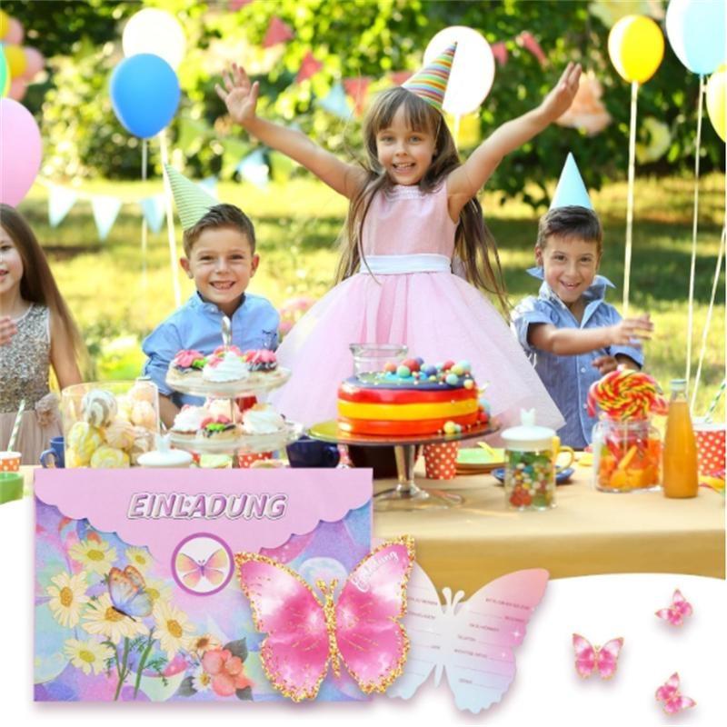 Schmetterling Einladungsbrief Für Kindergeburtstag, 12 Einladungsbriefe Für Mädchen Und Jungen Geburtstag, Umschlag, Siegelstreifen