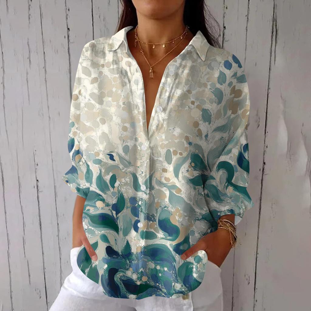 Women's Fashion Seven Sleeve Casual Lapel Back Tie Shirt Printed T-Shirt Top