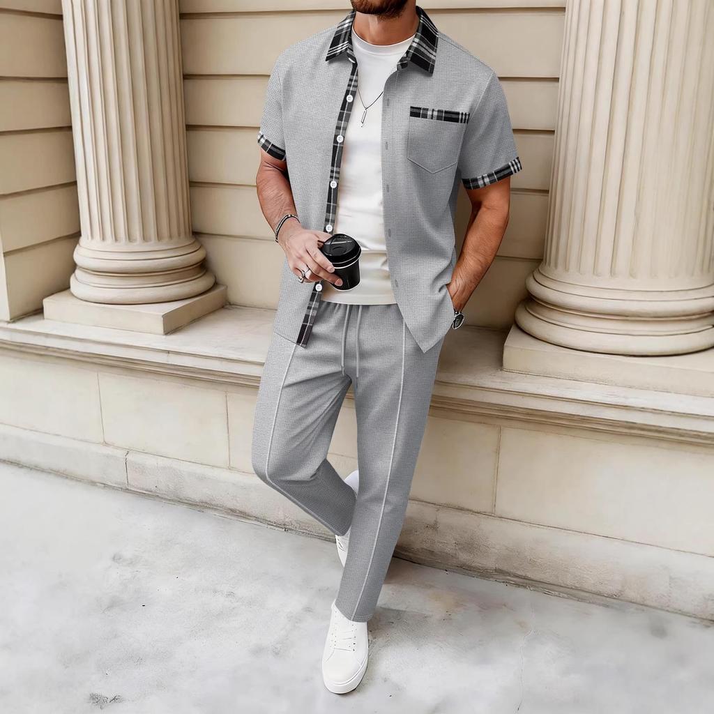Men's Plaid Color Block Waffle Short Sleeve Cardigan Shirt & Long Pants Casual Set