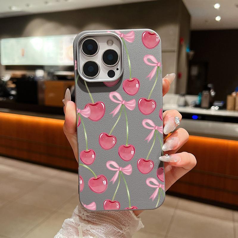 

Чехол для iPhone 17 Pro Max Кристальный узор с вишней и бантами Кожаная текстура Мягкая силиконовая крышка Для iPhone 16 15 14 13 Pro 12 11 16E Air iPhone 14 Pro серый