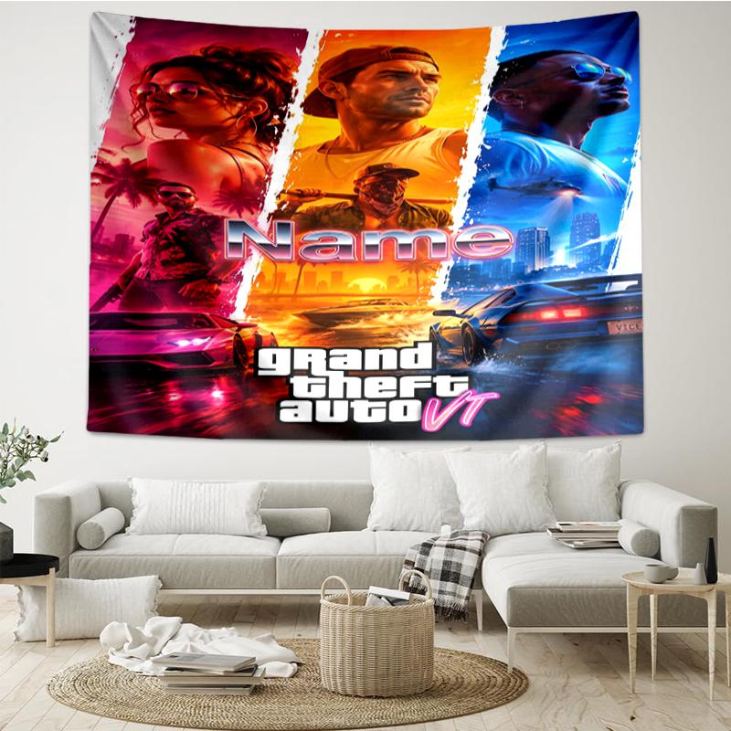 Custom Name GTA 6 Print Tapestry, Backdrop, Easy Setup, Ideal for Bedroom, Office & Living Room, with Aesthetic Wall Hanging Decor.