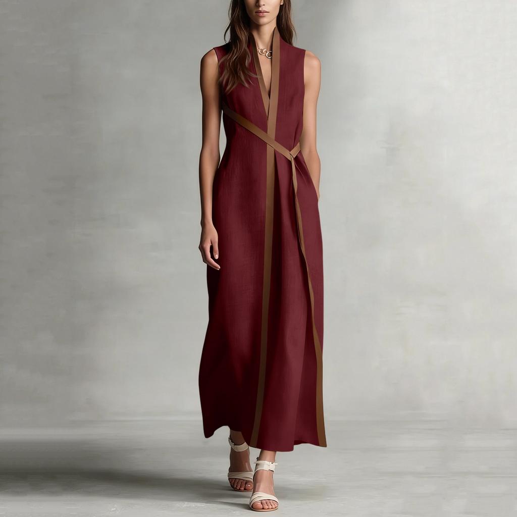 Women's Fashionable Vintage Stand Collar Sleeveless Casual Color-Blocked Loose Dress