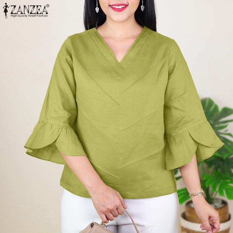 

ZANZEA Womens Summer V-Neck 3/4 Sleeve Loose Cotton Blouse S