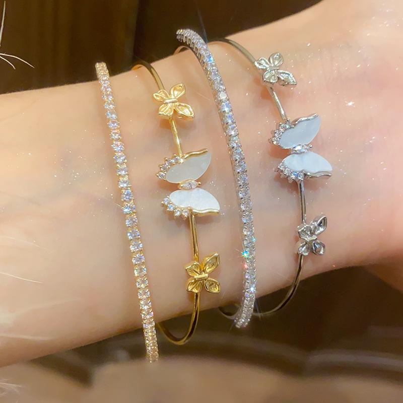 Exquisite Zircon Butterfly Double-Layer Open Bangle Bracelet