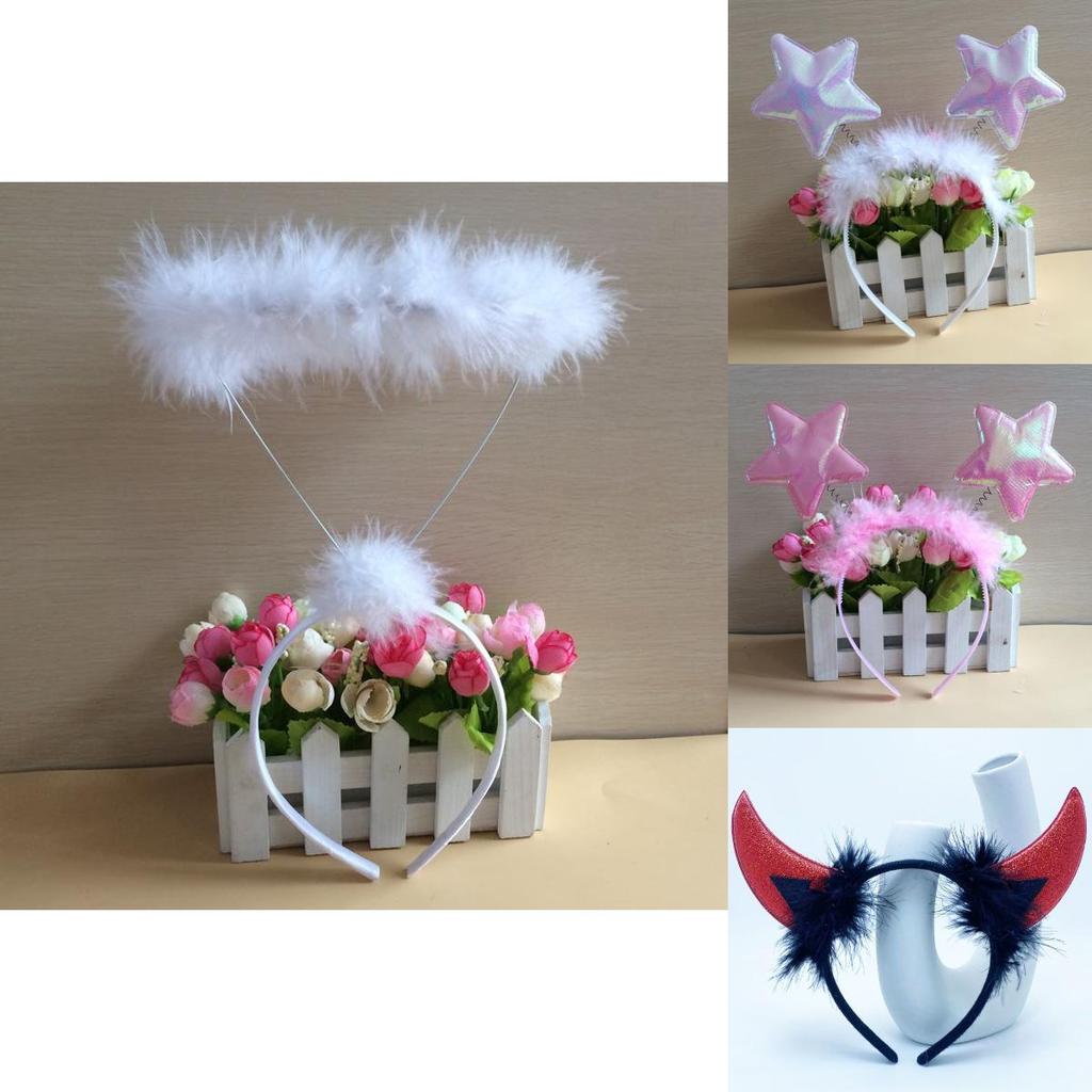 Halloweenská Vánoční Párty Čelenka s Bílým Peřím Andělskými a Ďábelskými Rohy pro Kostým a Festivalovou Dekoraci
