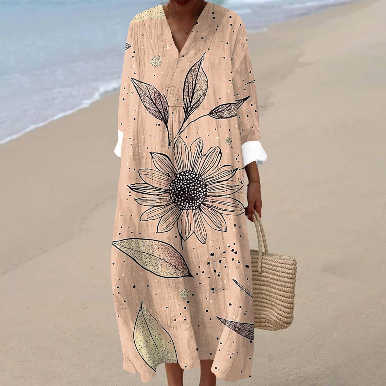 

Женское повседневное модное платье макси с V-образным вырезом и длинными рукавами с цветочным принтом M