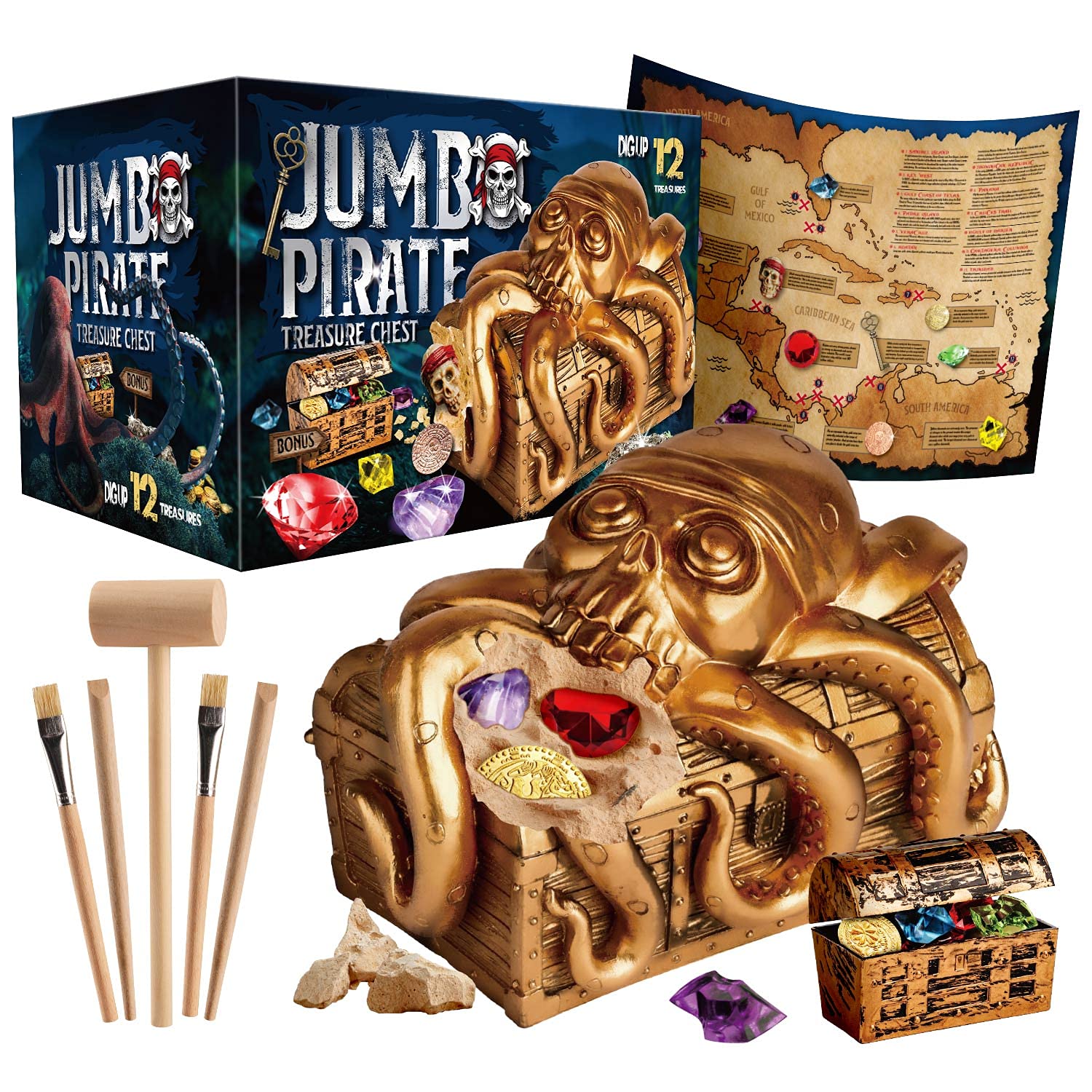 

XXTOYS Pirate Digging Kit Dig out 12 Pirate Gems and Gold Coins for Kids Great Birthday Party Gifts for Boys Girls Includes Treasure Chest -