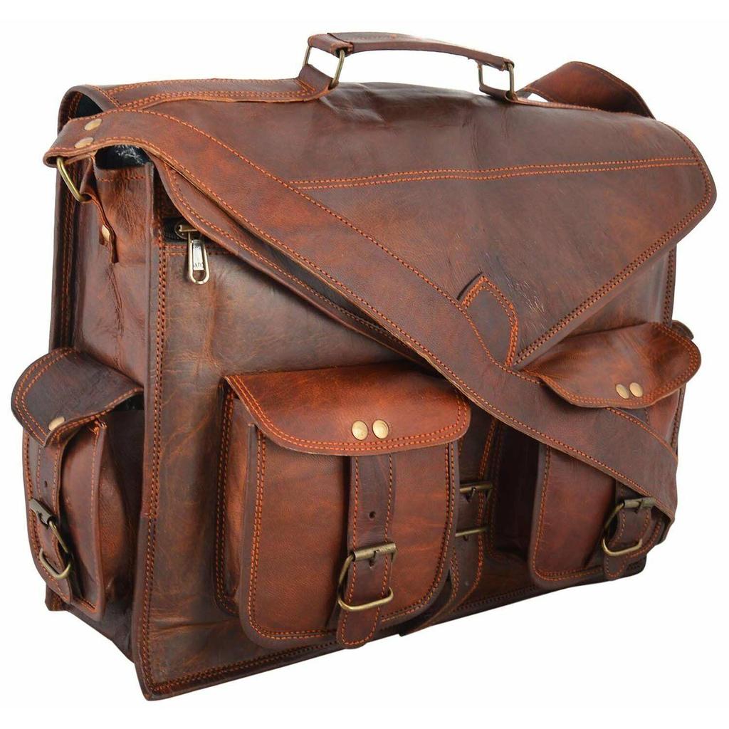 15" Vintage Goat Leather Messenger Bag Shoulder Laptop Briefcase Hand Bag