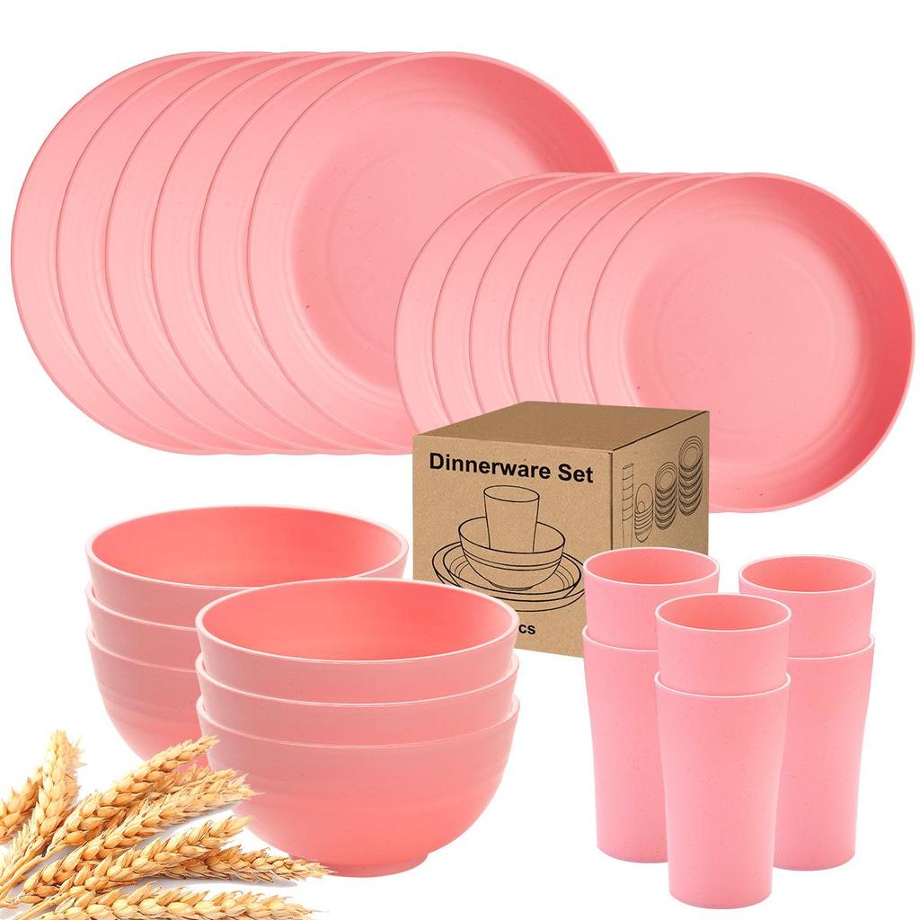 Eco-Friendly Wheat Straw 24-Piece Dinnerware Set: Plates, Bowls, Cups & Cutlery