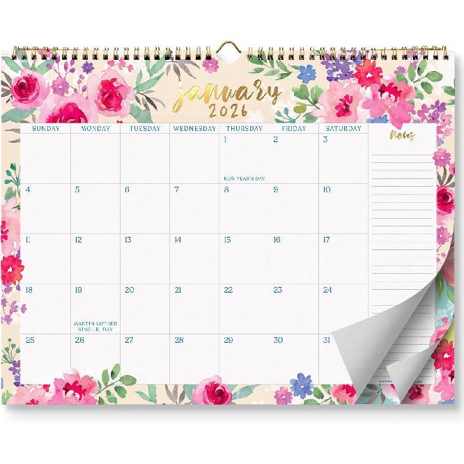 S&O Watercolor Floral 2026 Wall Calendar - Tear-Off Monthly Calendar through December 2026-18 Month Academic Wall Planner - Hanging Organizer to