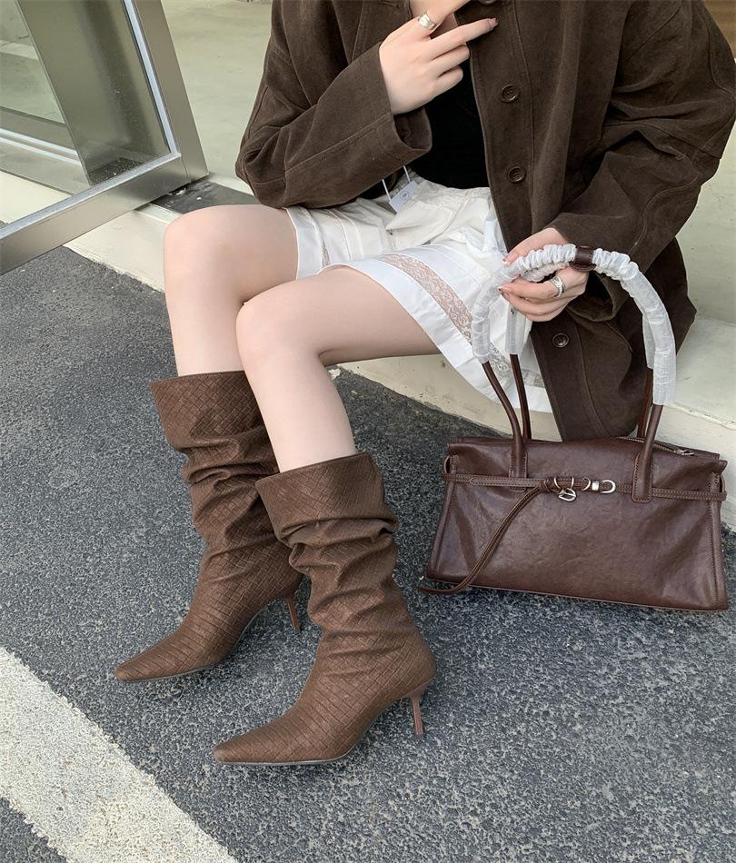 

Retro pointed European and American stiletto high heels but knee boots leather high sense woven temperament knee boots women 39 темно-коричневого