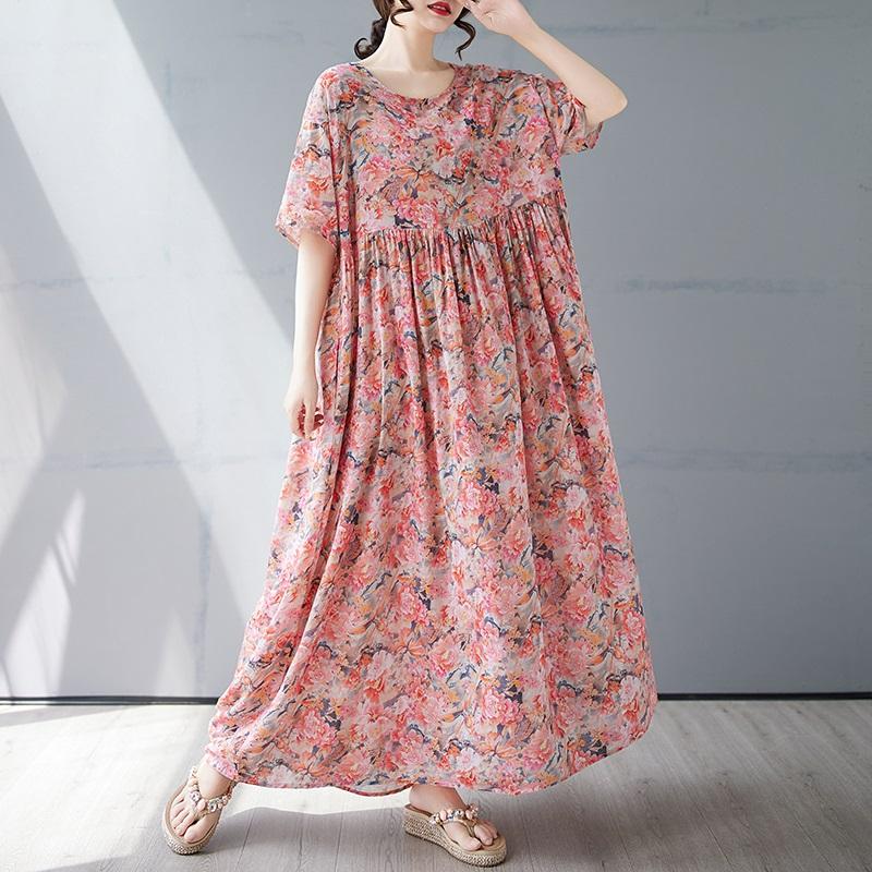 Short Sleeve Plus Size Cotton Vintage Floral New In Dresses for Women Casual Loose Long Summer