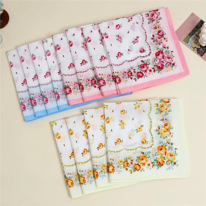 3-Pack Women 43cm Bridal Souvenirs Square Towel Handkerchief Wipe Sweat Pure Cotton Absorbent Printed Floral Placemats