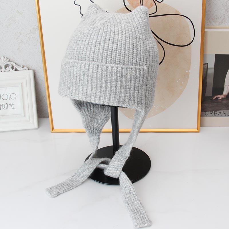 Cute cat ear knitted ear protection hat women's autumn and winter lace-up wool hat soft waxy warm cold hat versatile headhat