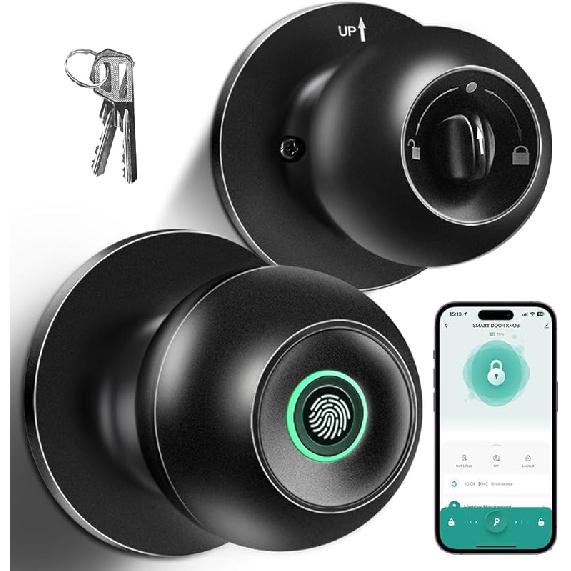 Fingerprint Door Lock, Smart Fingerprint Door Knob with Lock, Biometric Door knob with App Control & Key, Keyless Thumbprint Entry Door Lock for