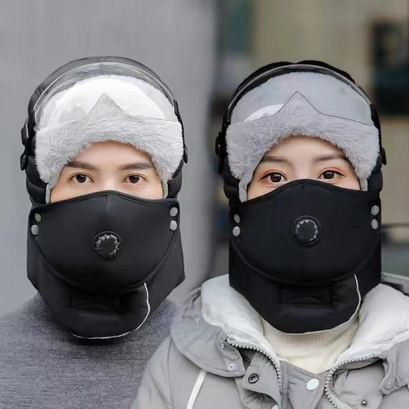 Womens Winter Warm Fleece-lined Hat With Face Cover Windproof Skiing Cycling Cap Adjustable Fit