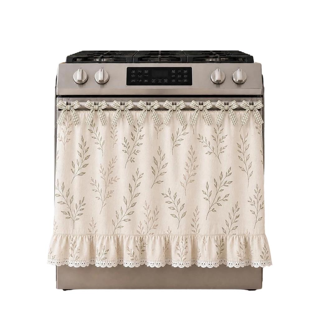 Lace Trim Oven Cover with Floral Print Decorative Dustproof Curtain for Kitchen Stove Protection and Appliance Enhancement